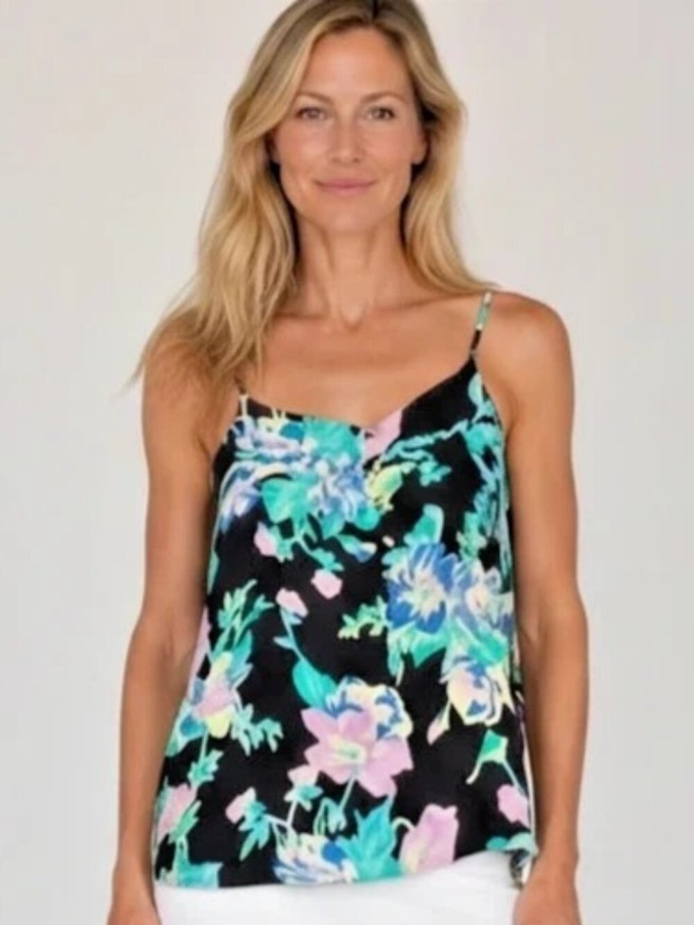 Yumi Kim 100% Silk Black Floral Tank Top Kami Adjustable Straps XS X-Small Lined